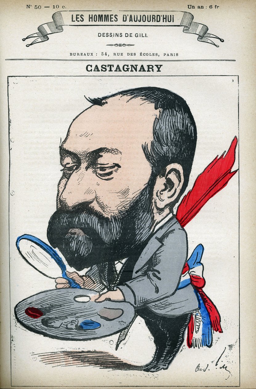 Muotokuva Jules Castagnarysta (1830-1888), ranskalainen poliitikko, lakimies, toimittaja, amatööri ja taidekriitikko. Sarjakuva Gill, Paris. tekijältä Andre Gill