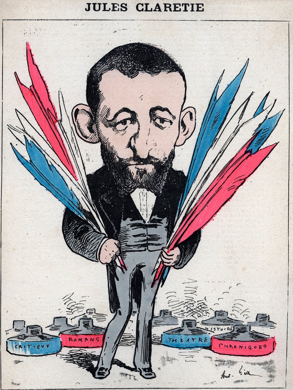 Jules Claretien (1840-1913), ranskalaisen kirjailijan, näytelmäkirjailijan ja kriitikon muotokuva - Andre Gillin karikatyyri elokuvassa "Les Hommes d