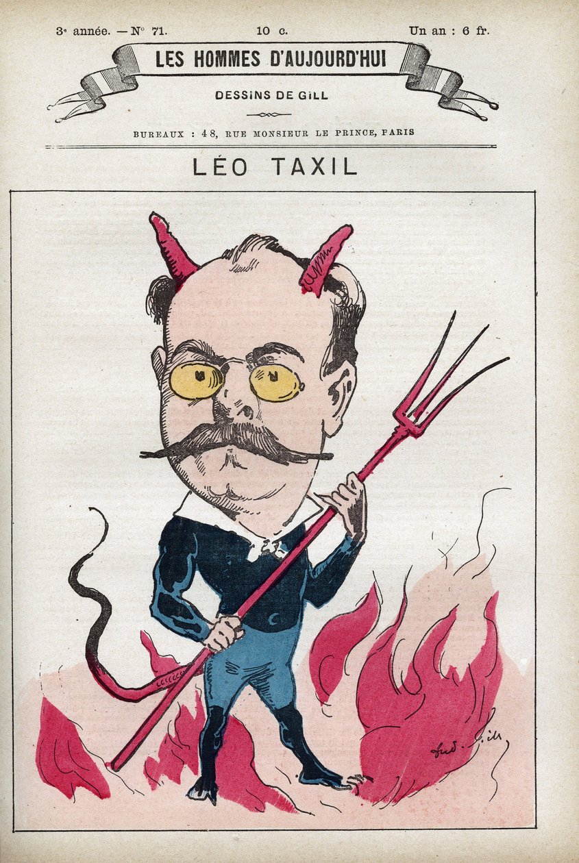 Muotokuva Leo Taxilista (1854-1907), ranskalaisesta kirjailijasta ja kuuluisan huijauksen kirjoittajasta, joka loukkaa paavia ja Ranskan aatteita. Sarjakuva Gill, Paris. tekijältä Andre Gill