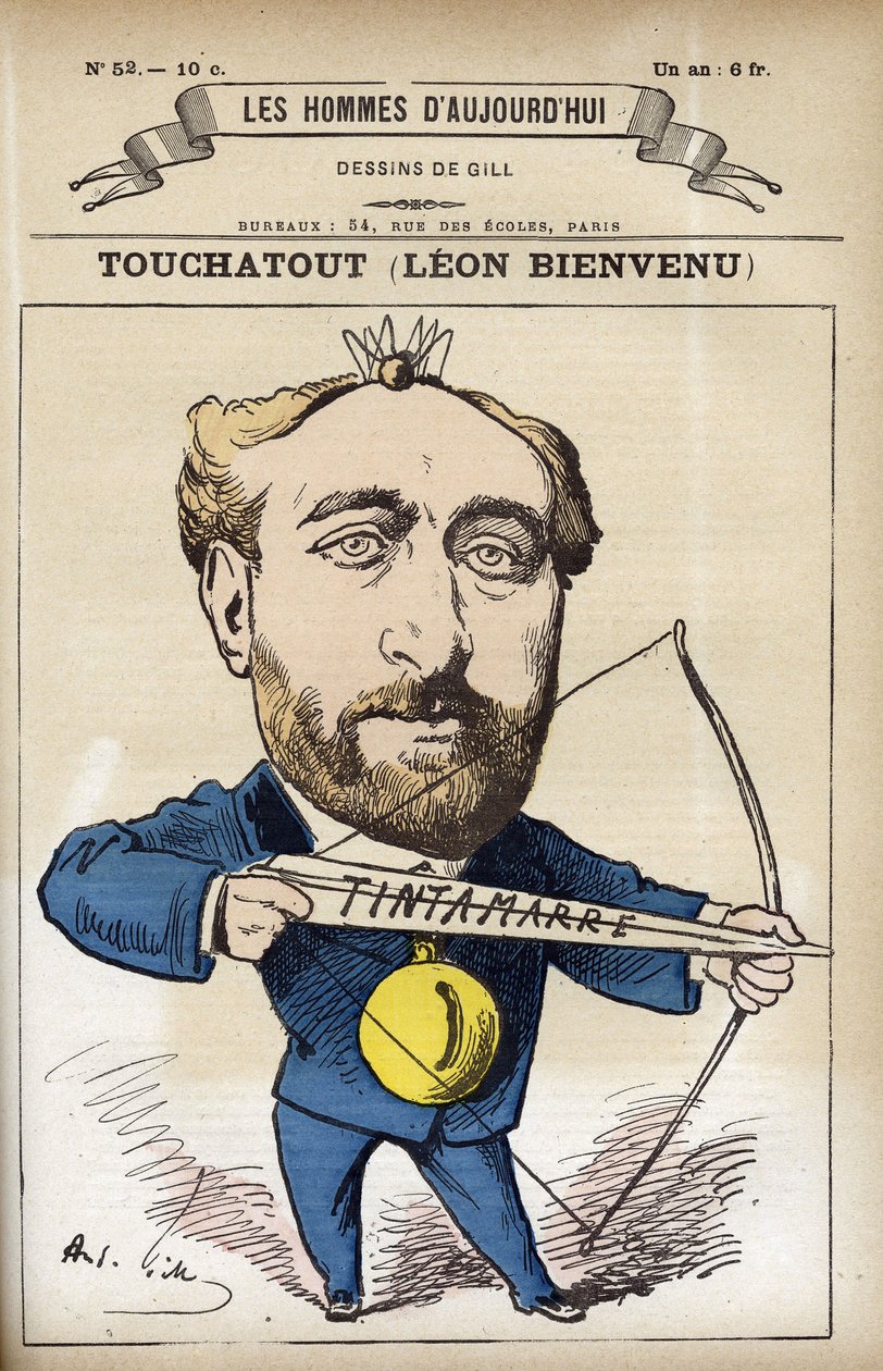 Muotokuva Leon Bienvenu dit Touchatoutista (1835-1911), ranskalaisesta toimittajasta ja L’Histoire de France Tintamarresquen kirjoittajasta. Sarjakuva Gill, Paris. tekijältä Andre Gill