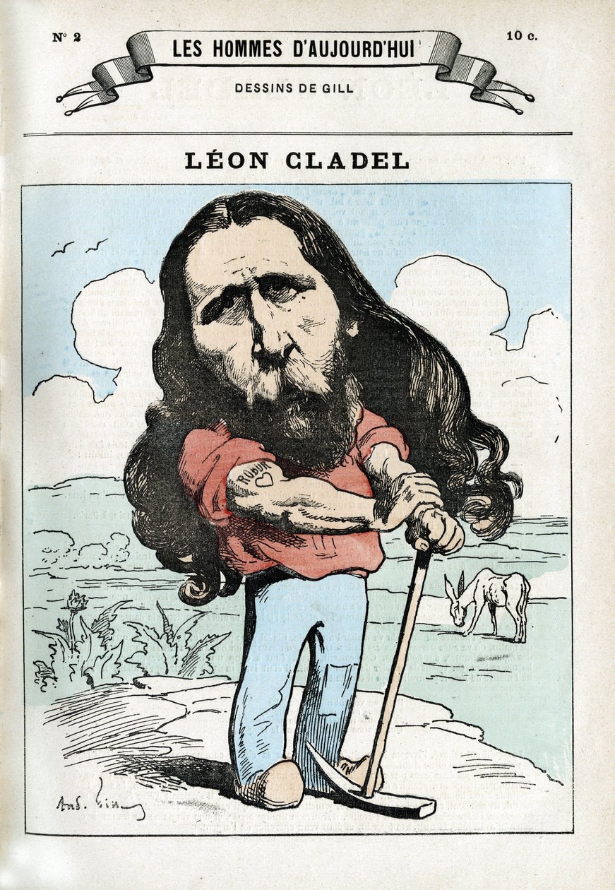 Muotokuva Leon Cladelista (1835-1892), ranskalaisesta kirjemiehestä. Karikatyyri Gill, Paris. tekijältä Andre Gill