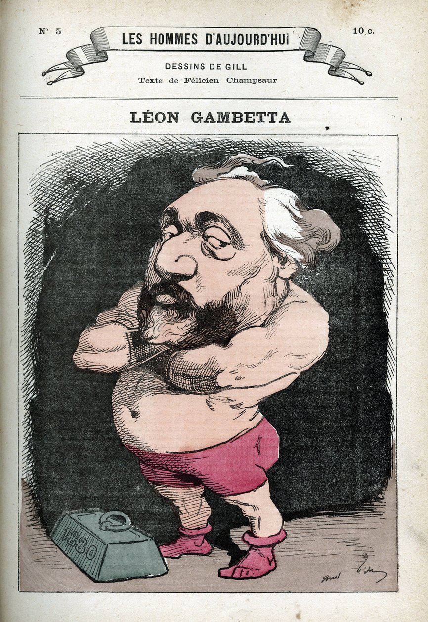 Ranskalaisen poliitikon Leon Gambettan (1838-1882) muotokuva. Karikatyyri Gillistä, Pariisi. tekijältä Andre Gill
