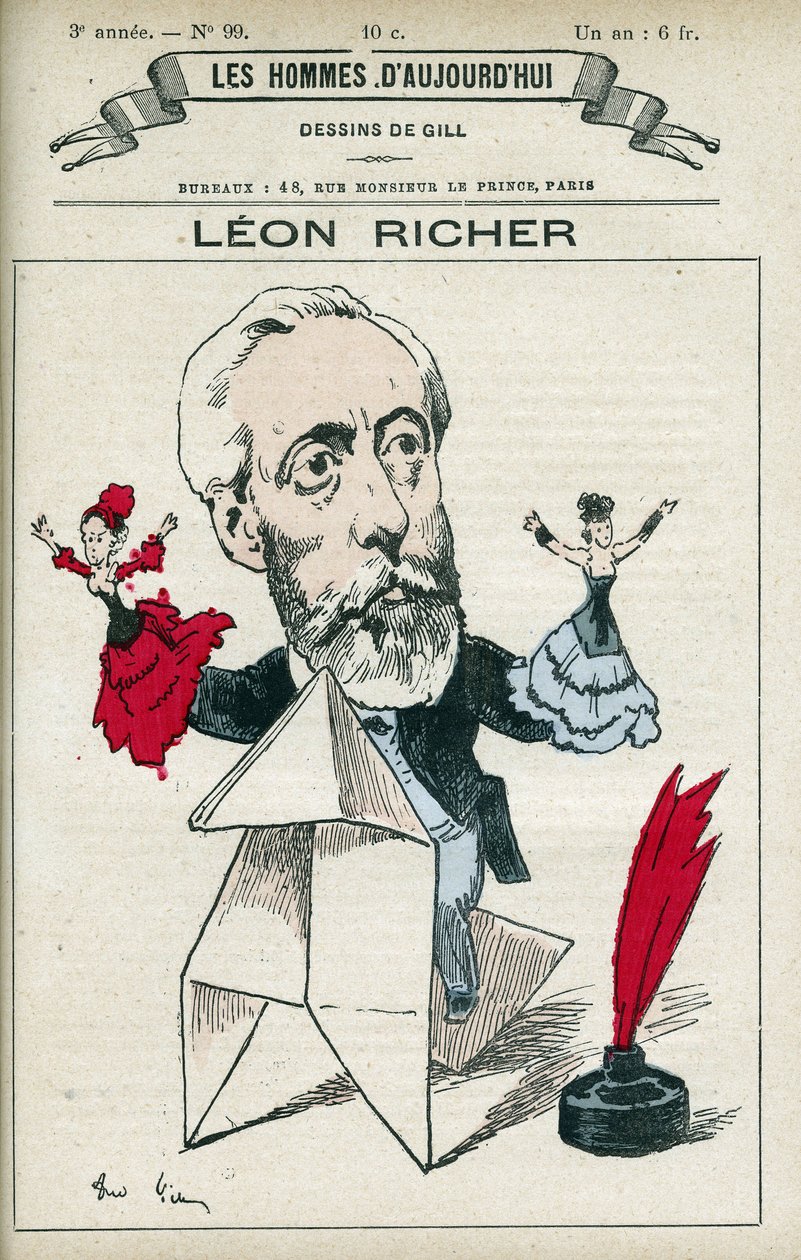 Muotokuva Leon Richeristä (1824-1911), ranskalainen toimittaja ja intellektuelli, hän perusti Association pour le droit des femmes ja Ligue francaise pour le droit des femmes vuonna 1882. Sarjakuva Gill, Paris. tekijältä Andre Gill