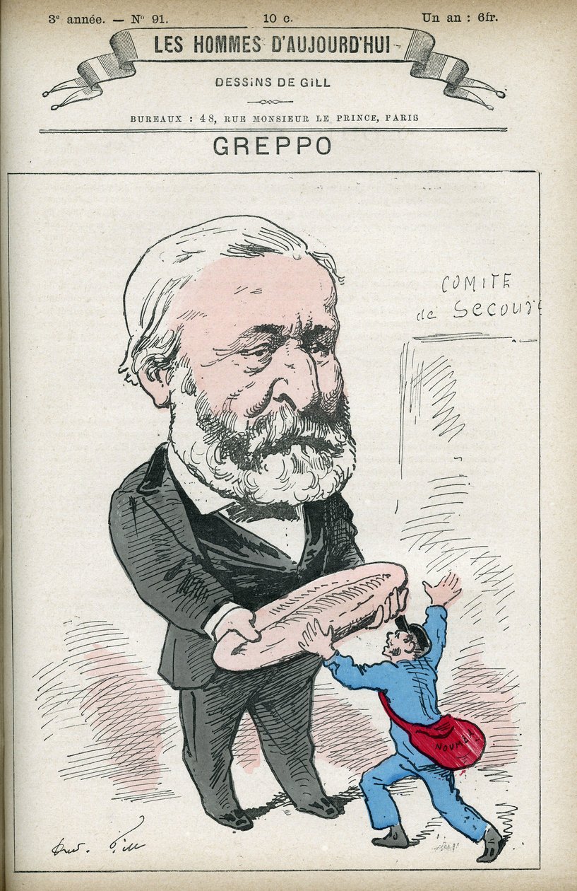 Muotokuva Louis Grepposta (1810-1888), ranskalainen poliitikko, hän oli Rhônen ja Seinen varajäsen. Sarjakuva Gill, Paris. tekijältä Andre Gill