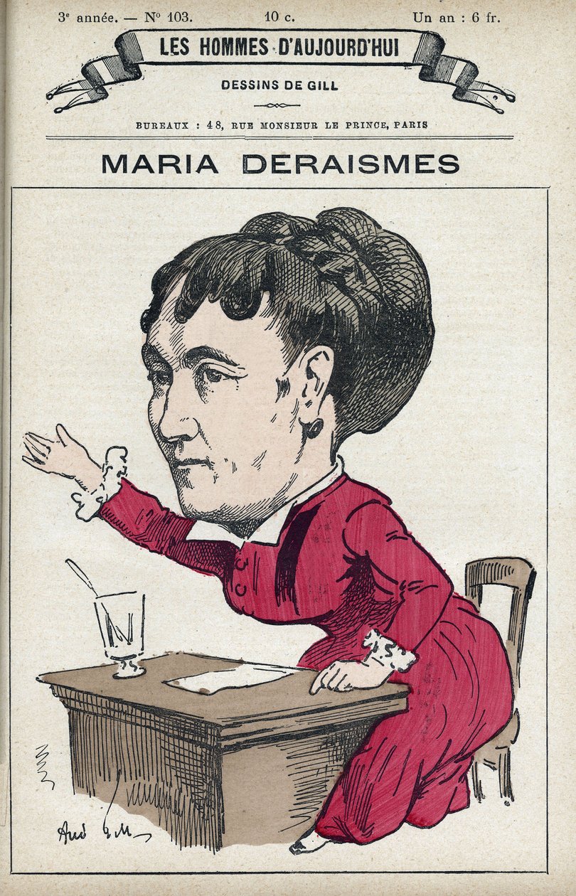 Muotokuva Maria Deraismesista (1828-1894), ranskalainen kirjainnainen ja feministi. Hän perusti Leon Richerin, Louise Michelin ja Paule Minckin kanssa Association pour le droit des femmes vuonna 1869. Piirroskuva Gill, Pariisi. tekijältä Andre Gill