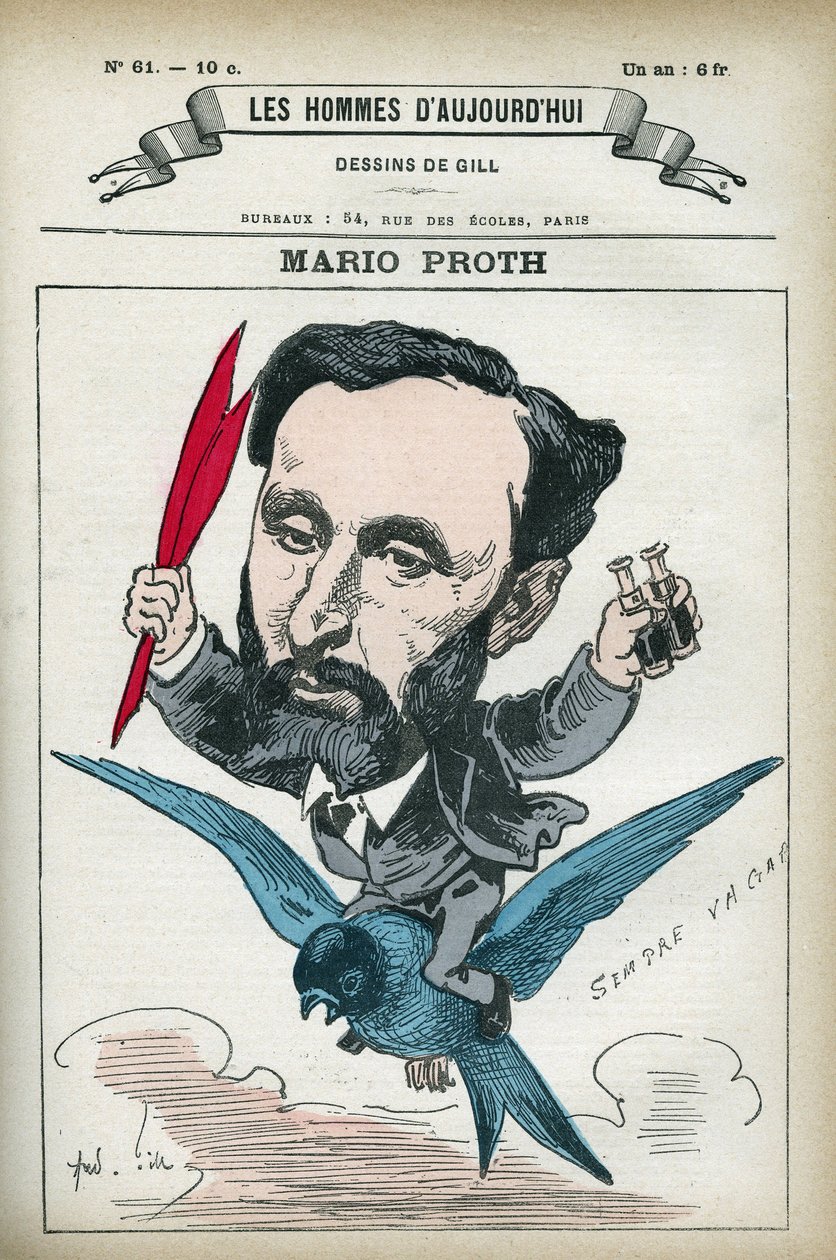 Muotokuva Mario Prothista (1832-1891), ranskalaisesta kirjailijasta, kirjallisuuskriitikkosta ja publicistista. Sarjakuva Gill, Paris. tekijältä Andre Gill