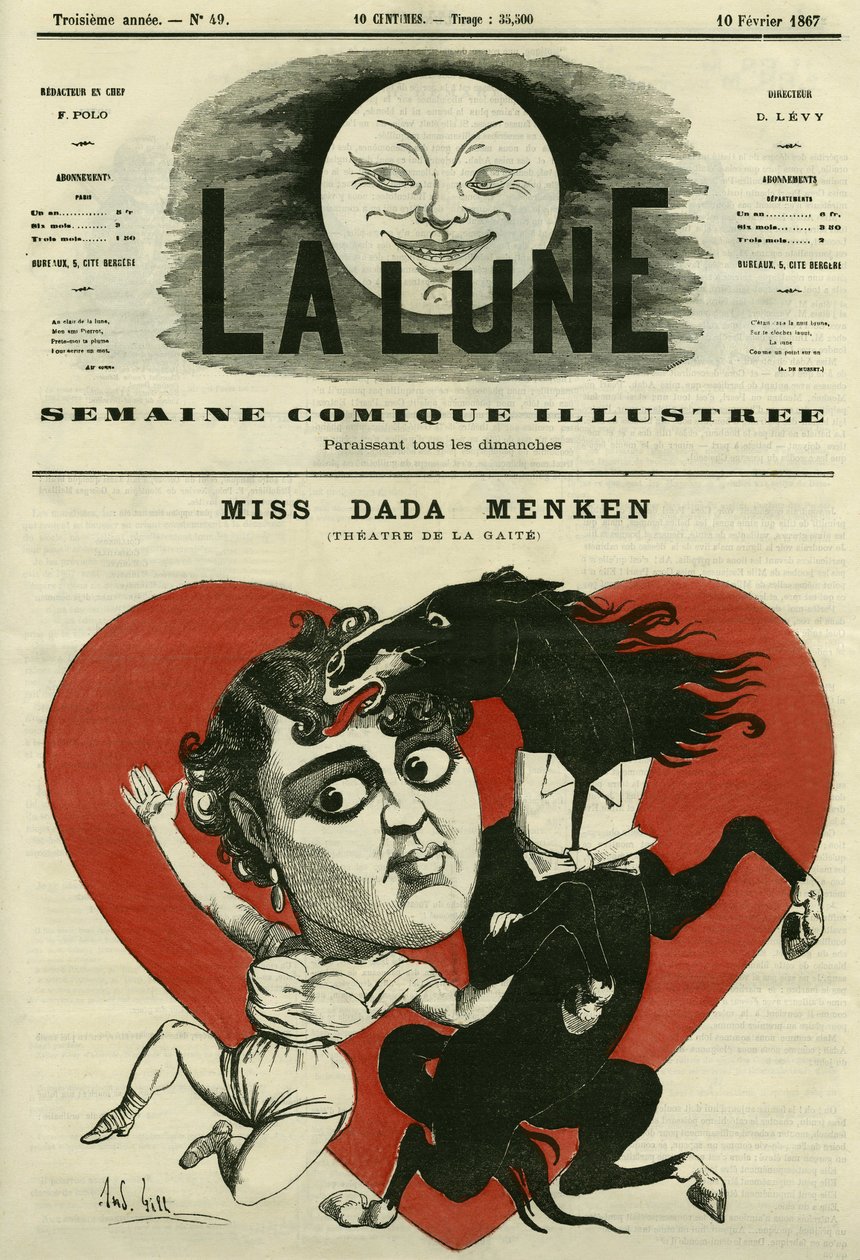 Muotokuva neiti Adah-Isaacs Menkenistä, laulaja Theatre de la Gaite Pariisissa. Gillin sarjakuva elokuvassa "The Moon", 10. helmikuuta tekijältä Andre Gill