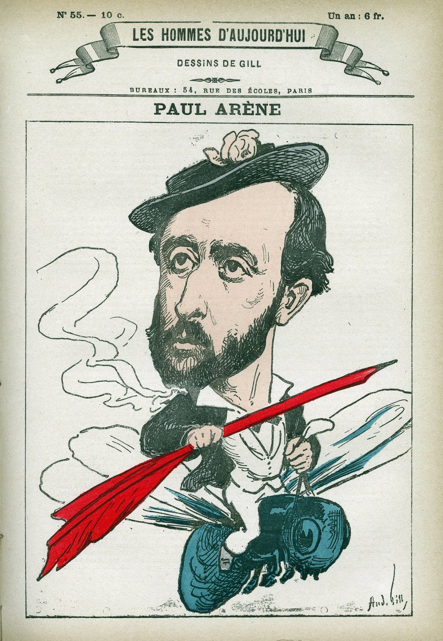 Paul Arenen (1843-1896), ranskalaisen runoilijan ja kirjailijan muotokuva. Sarjakuva Gill, Paris. tekijältä Andre Gill