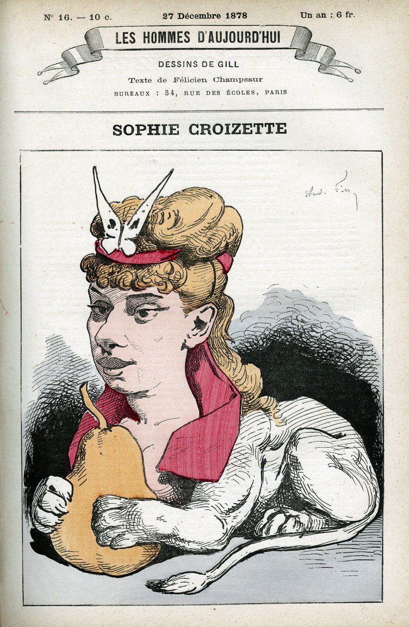 Muotokuva ranskalaisesta teatterinäyttelijästä Sophie Croizettesta. Karikatyyri Gill, Paris. tekijältä Andre Gill