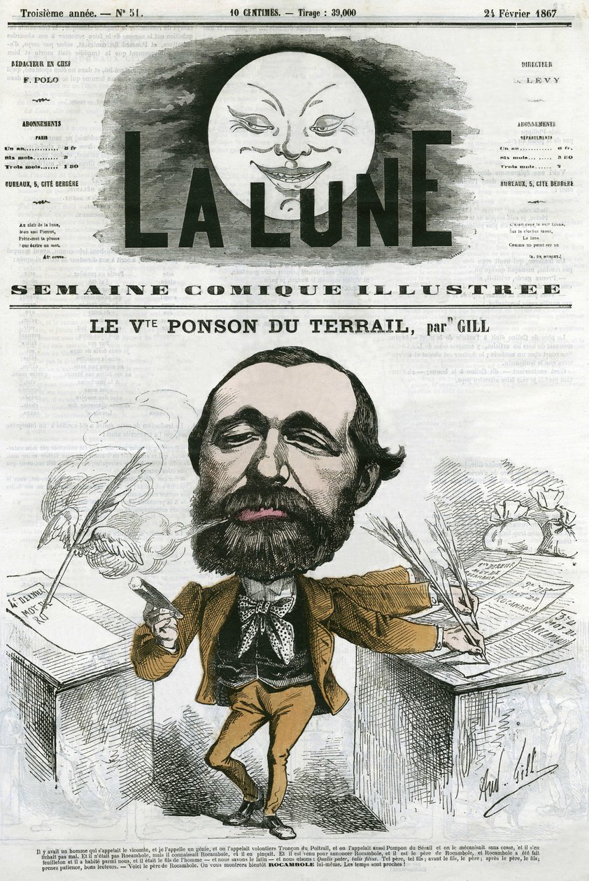 Viconte Ponson du Terrailin (1829-1871), ranskalaisen suositun kirjailijan, romaani-saippuaoopperan kirjoittajan muotokuva. Gillin sarjakuva elokuvassa "The Moon", 24. helmikuuta tekijältä Andre Gill
