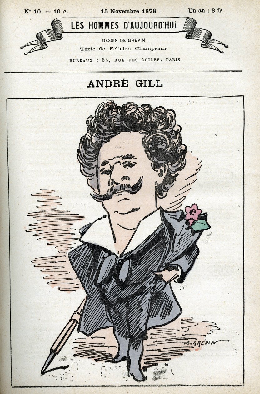 Andre Gillin (1840-1885), ranskalaisen sarjakuvapiirtäjän ja kuvittajan omakuva. Sarjakuva "Tämän päivän miehet" tekijältä Andre Gill