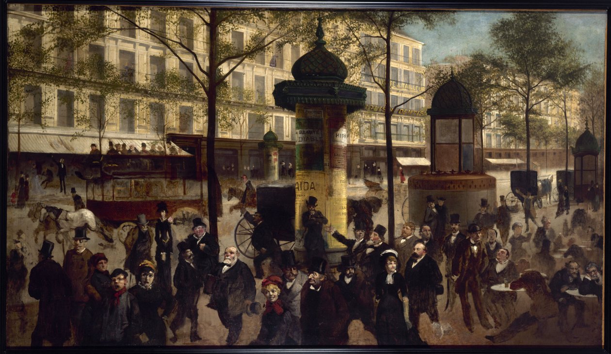 Luonnos panoraamakuvaksi Boulevard Montmartresta, jossa on Pariisin nykyajan henkilöitä, noin 1880 (öljy kankaalle). tekijältä Andre Gill