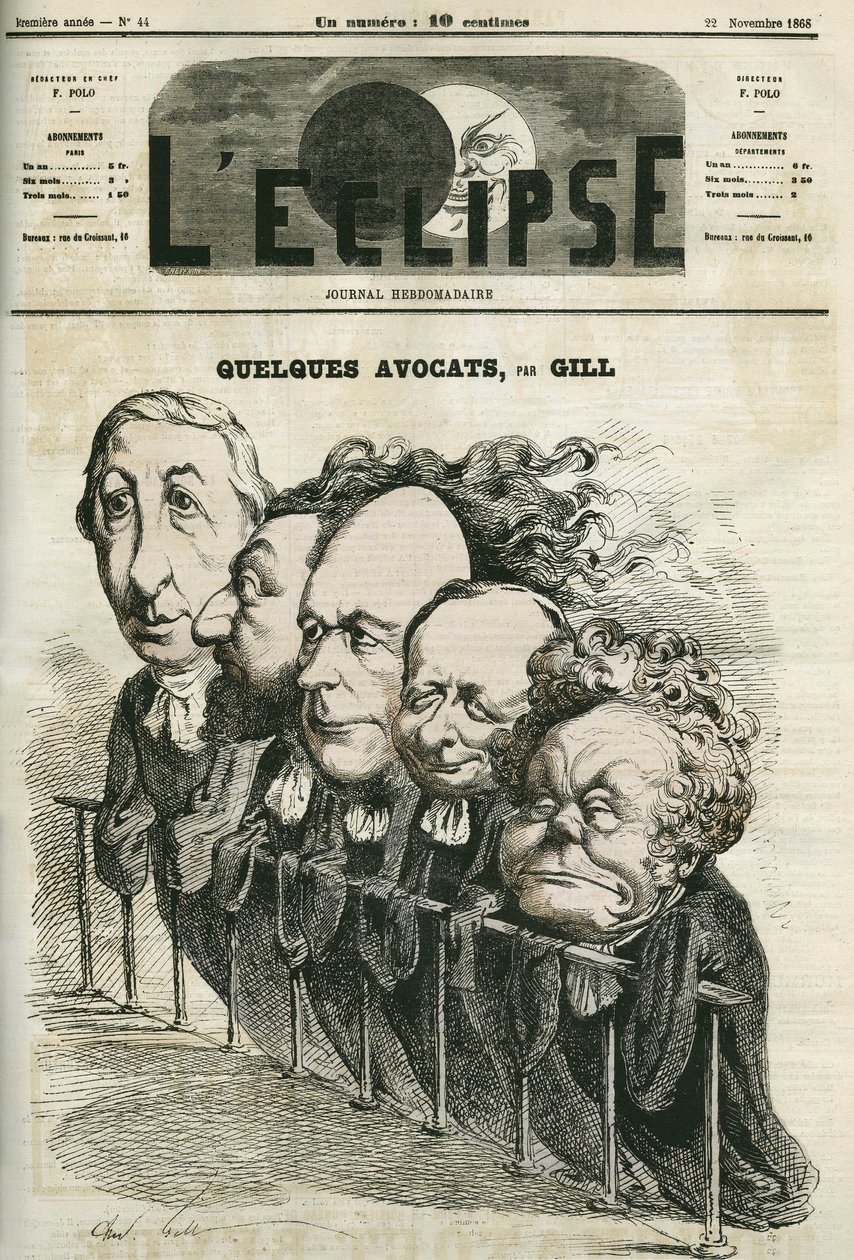 Jotkut lakimiehet, Emmanuel Arago (1812-1896), Leon Gambetta (1838-1882), Jules Grevy (1807-1891), Laurier ja Adolphe Cremieux (1796-1880). Kansi "" L
