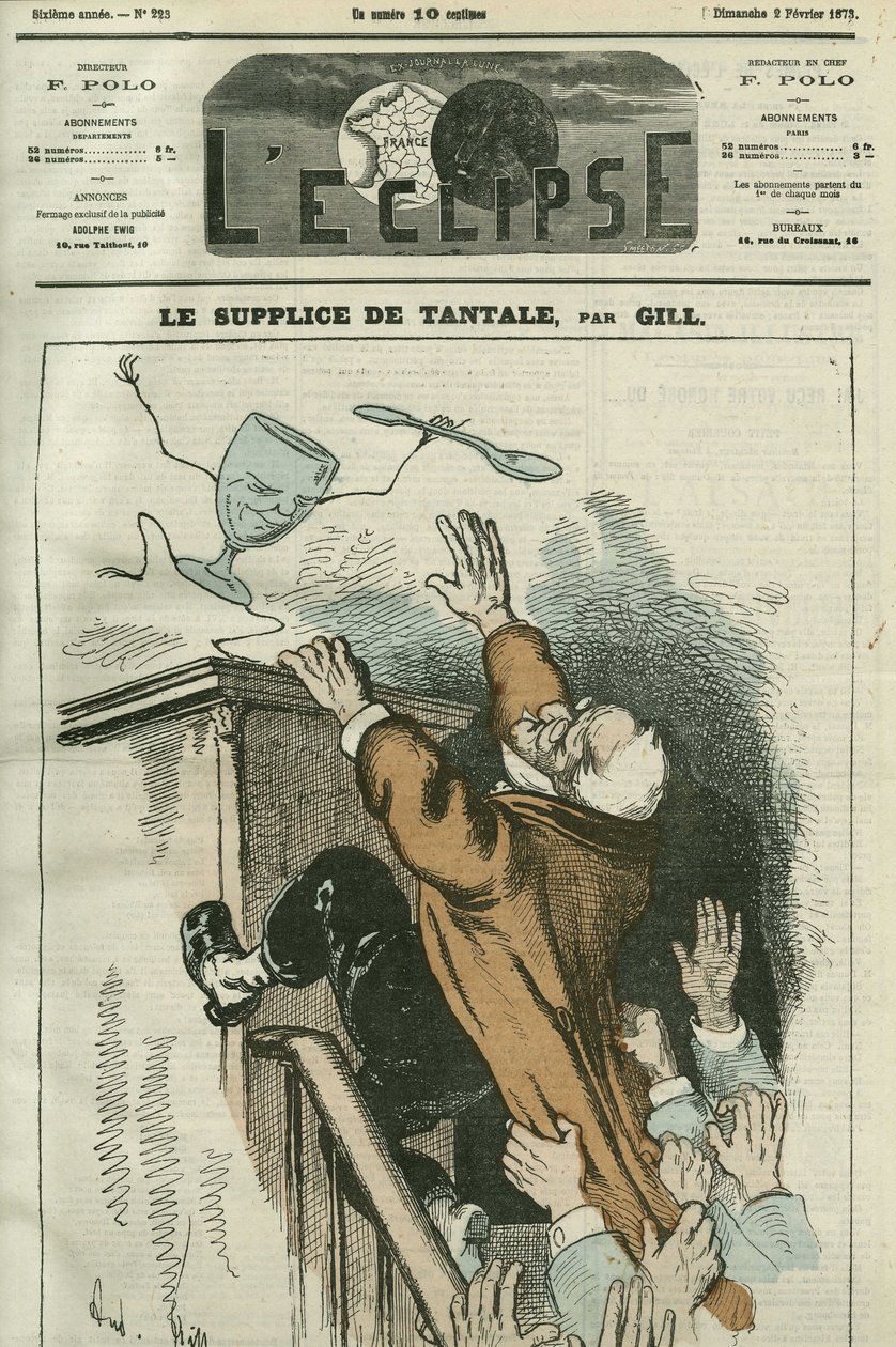 Tantaluksen kärsimys, ranskalaisen valtiomiehen Adolphe Thiersin (1798-1874) karikatyyri. Kansi "" L