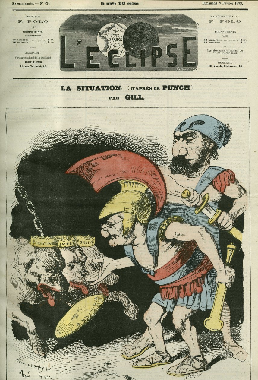 Tilanne, Adolphe Thiersin (1797-1877) ja Leon Gambettan (1838-1882) sarjakuva, joka antaa ministeriön kuninkaallisille ja bonapartistisille koirille. Kansi "" L
