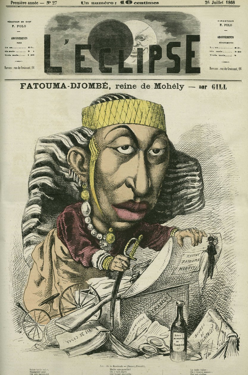 Zombe-Fatoum (Zombe-Fatoum) (1836-1878), Mohelin kuningatar Komorilla, vierailee Ranskassa -Fatimassa. Kansi teoksesta ”The Eclipse”, kirjoittaja Gill, heinäkuu tekijältä Andre Gill