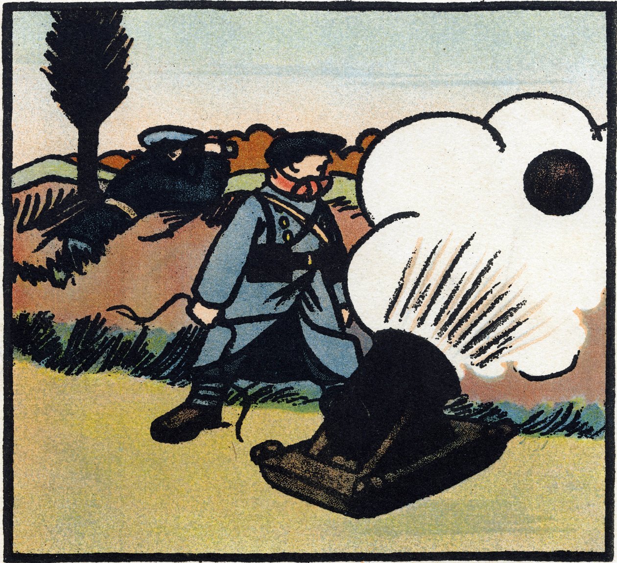 Ensimmäinen maailmansota 1914-1918 (14-18): Pomminheitin. Ranskalainen sotilas lähettää pommeja vihollisen kimppuun tykillä. Kaiverrus teoksessa "Suuren sodan aakkoset 1914-1916 (sotilaidemme lapsille)". Editions Berger-Levrault tekijältä Andre Helle