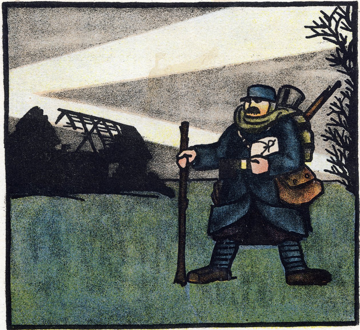 Ensimmäinen maailmansota 1914-1918 (14-18): Karvainen. Ranskalaisen armeijan sotilaan muotokuva sotilaspuvussa, jolla on reppu, laukku ja kivääri. Kaiverrus "Suuren sodan aakkoset 1914-1916 (sotilaidemme lapsille)". Editions Berger-Levrault tekijältä Andre Helle