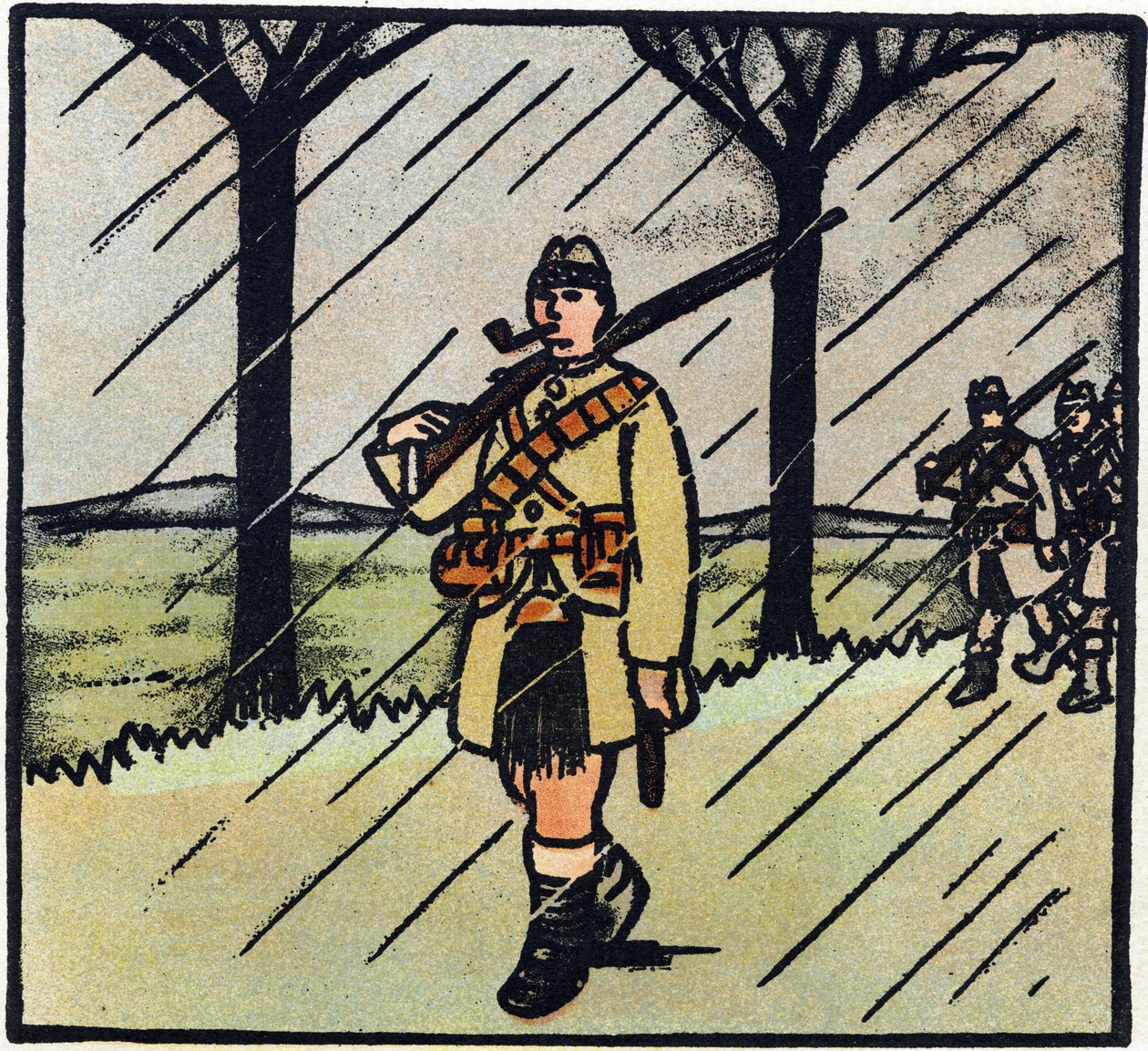 Ensimmäinen maailmansota 1914-1918 (14-18): Highlander. Skotlannin sotilaat tulivat auttamaan Ranskan armeijaa. Heidän sotilaspukunsa koostuu yhdestä kiltistä. Kaiverrus teoksessa "Suuren sodan aakkoset 1914-1916 (sotilaidemme lapsille)". Editions Berger-L tekijältä Andre Helle