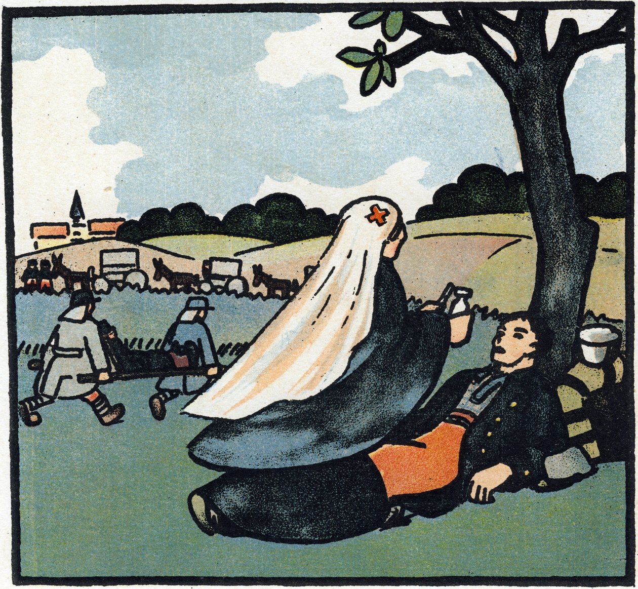 Ensimmäinen maailmansota 1914-1918 (14-18): Punaisen Ristin sairaanhoitaja, joka tulee hoitamaan sotilaita taistelukentille asti. Kaiverrus teoksessa "Suuren sodan aakkoset 1914-1916 (sotilaidemme lapsille)". Editions Berger-Levrault tekijältä Andre Helle