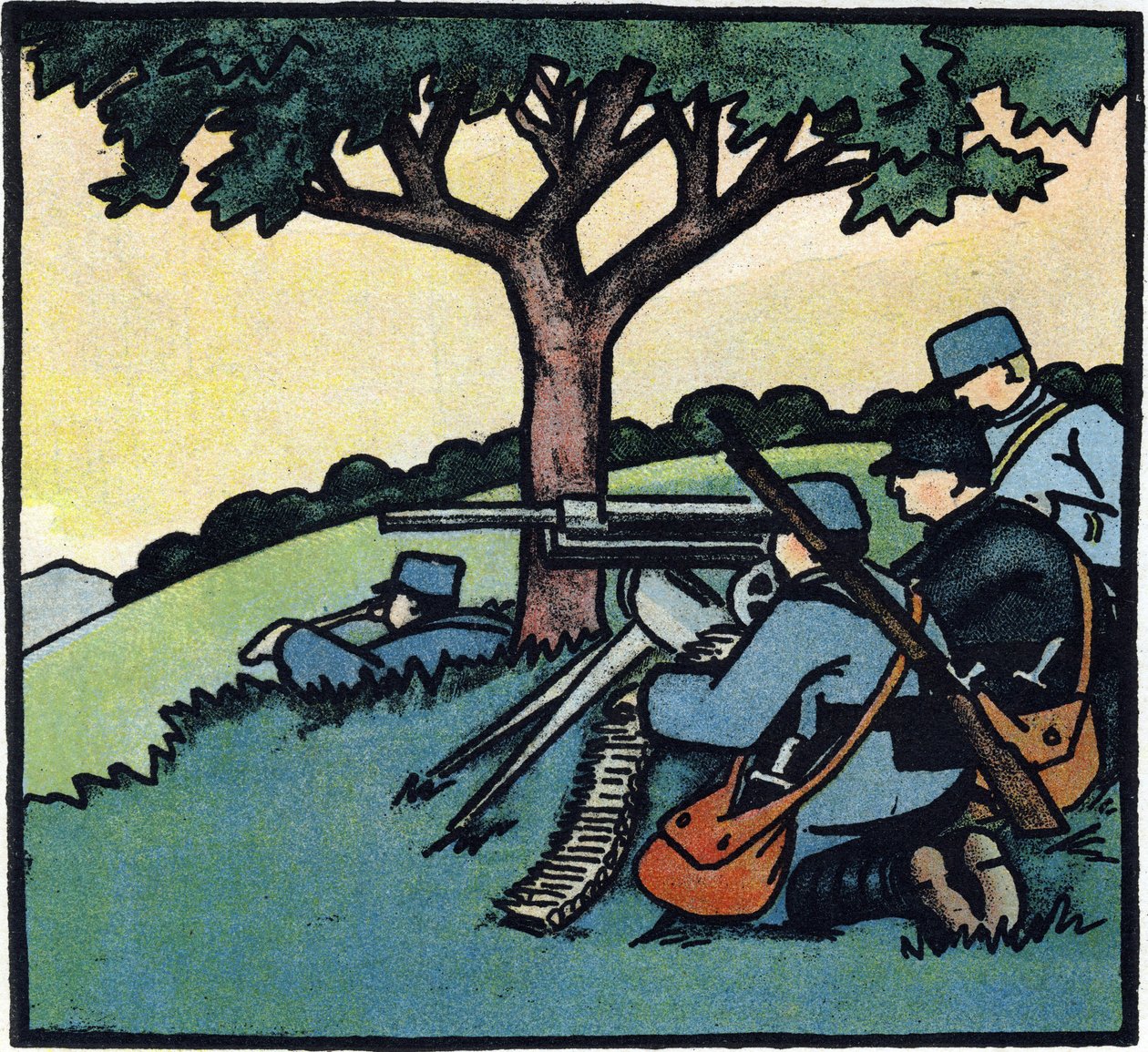 Ensimmäinen maailmansota 1914-1918 (14-18): Ranskan armeijan sotilaat käyttävät konekiväärejä taistelukentillä. Kaiverrus teoksessa "Suuren sodan aakkoset 1914-1916 (sotilaidemme lapsille)". Editions Berger-Levrault tekijältä Andre Helle