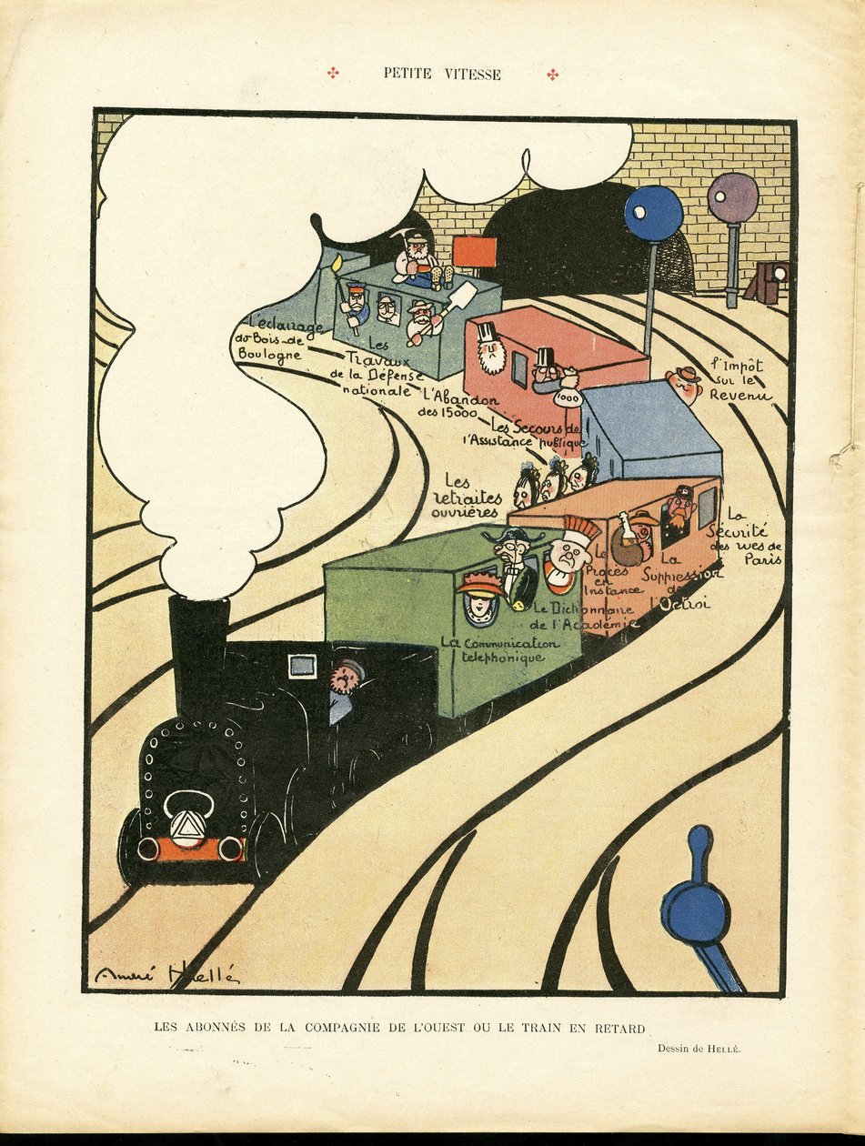 Andre Hellen (1875-1945) kuvitus Le Rire -lehdessä 25/01/08 - Pieni nopeus - Liikenne, Juna Rautatie Rautatie, Länsimainen yhtiö tekijältä Andre Helle