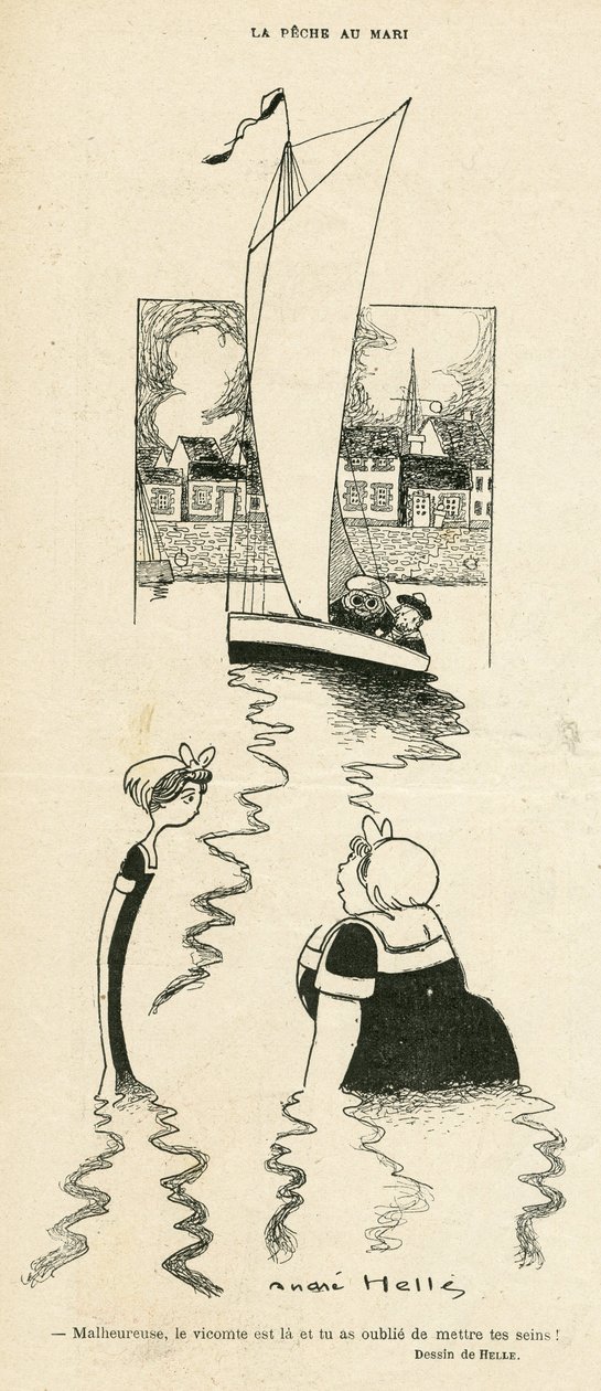 Andre Hellen (1875-1945) kuvitus Le Rire -lehdessä 03/09/10 - La peche au Mari - Vapaa-aika, Rakkaus, Merenkulku, Merenkulku, Merimeri, Merenranta, Obeite, Purjehdus, Veneily tekijältä Andre Helle