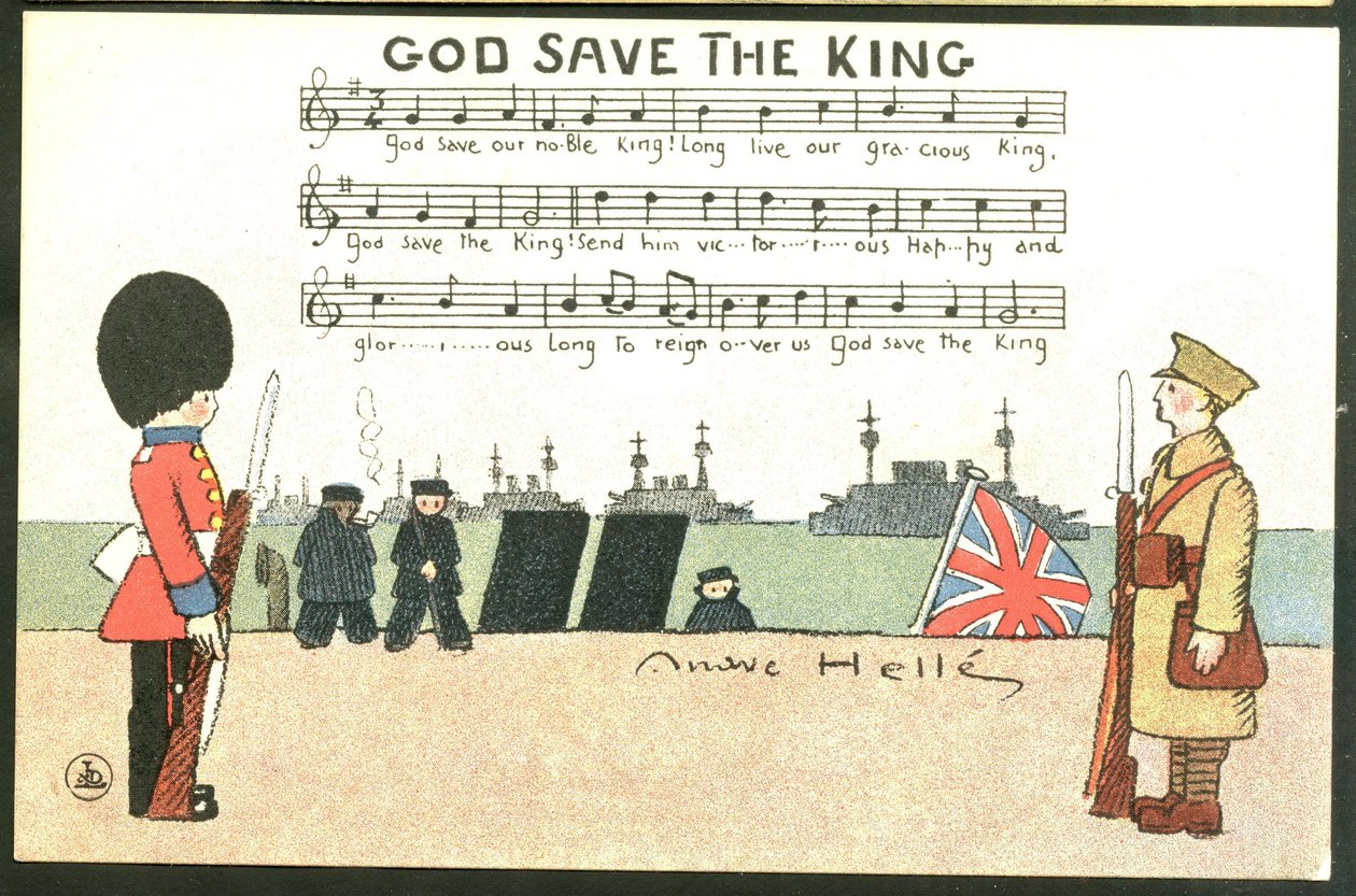 Postikortti, satiirinen väreissä: Sota 14-18, Englanti Iso-Britannia, Laulavat - Sotilaat Kuvitus: Andre Helle (1875-1945). tekijältä Andre Helle