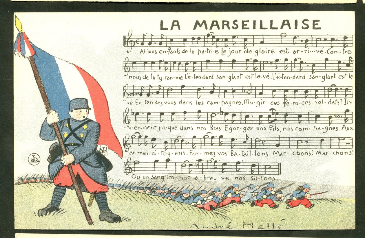 Postikortti, satiirinen väreissä: Helle (1875-1945): La Marseillaise - sota 14-18, Marseillaise, Laulava kuvitus. tekijältä Andre Helle
