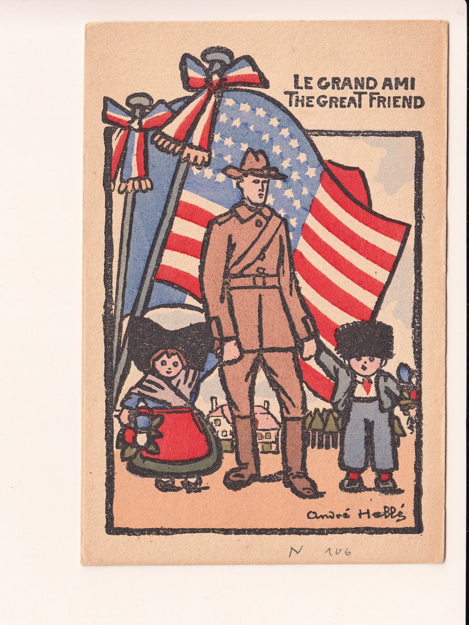 Postikortti, satiirinen väreissä: 18, Amerikka, Alsace Lorraine Kuvitus: Andre Helle (1875-1945). tekijältä Andre Helle