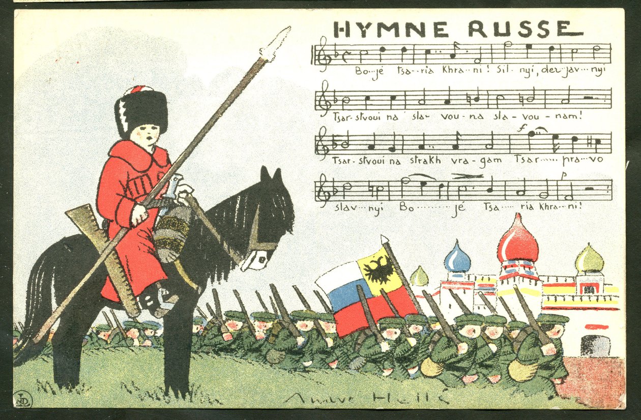 Postikortti, satiirinen väreissä: Hymni - sota 14-18, Venäjä, laulaa - sotilaat Kuvitus: Andre Helle (1875-1945). tekijältä Andre Helle