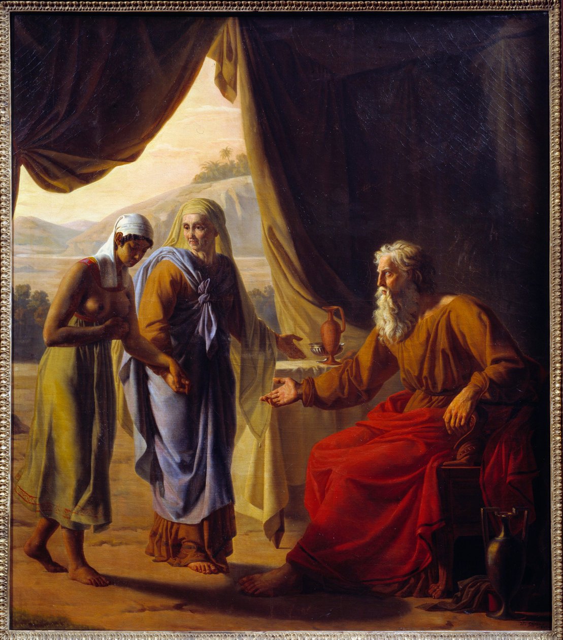 Sarah esittelee Agarille Victor Orselin (1795-1850) Abrahamin maalauksen 1820 su. 0,9x0,8 m Lyon, musee des Beaux Arts tekijältä Andre Jacques Victor Orsel