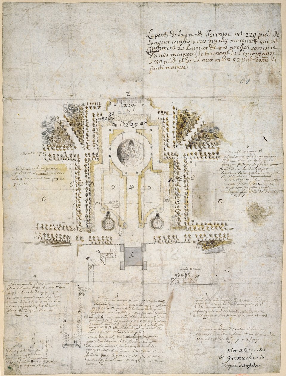 Greenwichin kuningattaren talon puutarhan ja puiston maisemointisuunnitelma, 1662 (kynä, muste ja pesu). tekijältä Andre Le Notre