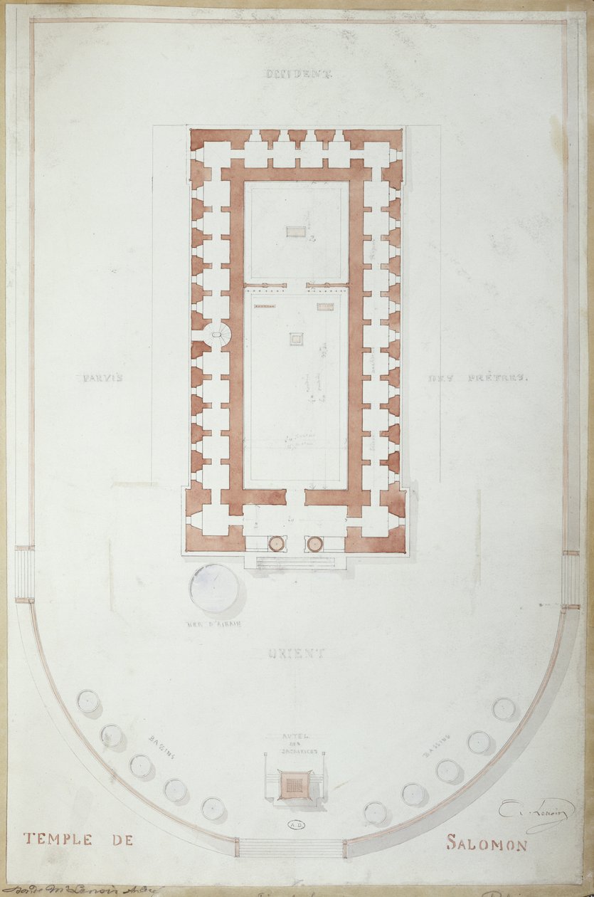 Suunnitelma Salomon temppelistä Jerusalemissa, 1800-luvun puoliväli (muste ja wc paperilla) tekijältä Andre Lenoir
