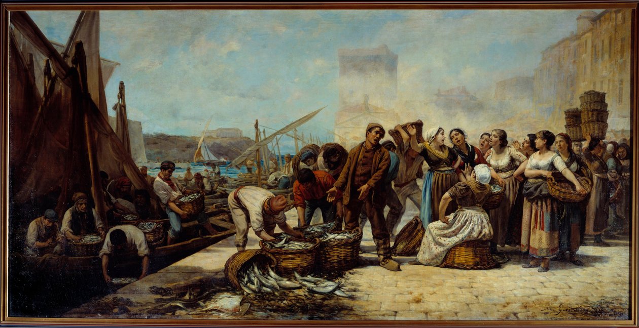 Kalastajien saapuminen Quai Saint Jeaniin Marseillessa Andre Marius Guindonin (1830-?) maalaus 1800-luvun Marseille, Kuvataidemuseo tekijältä Andre Marius Guindon