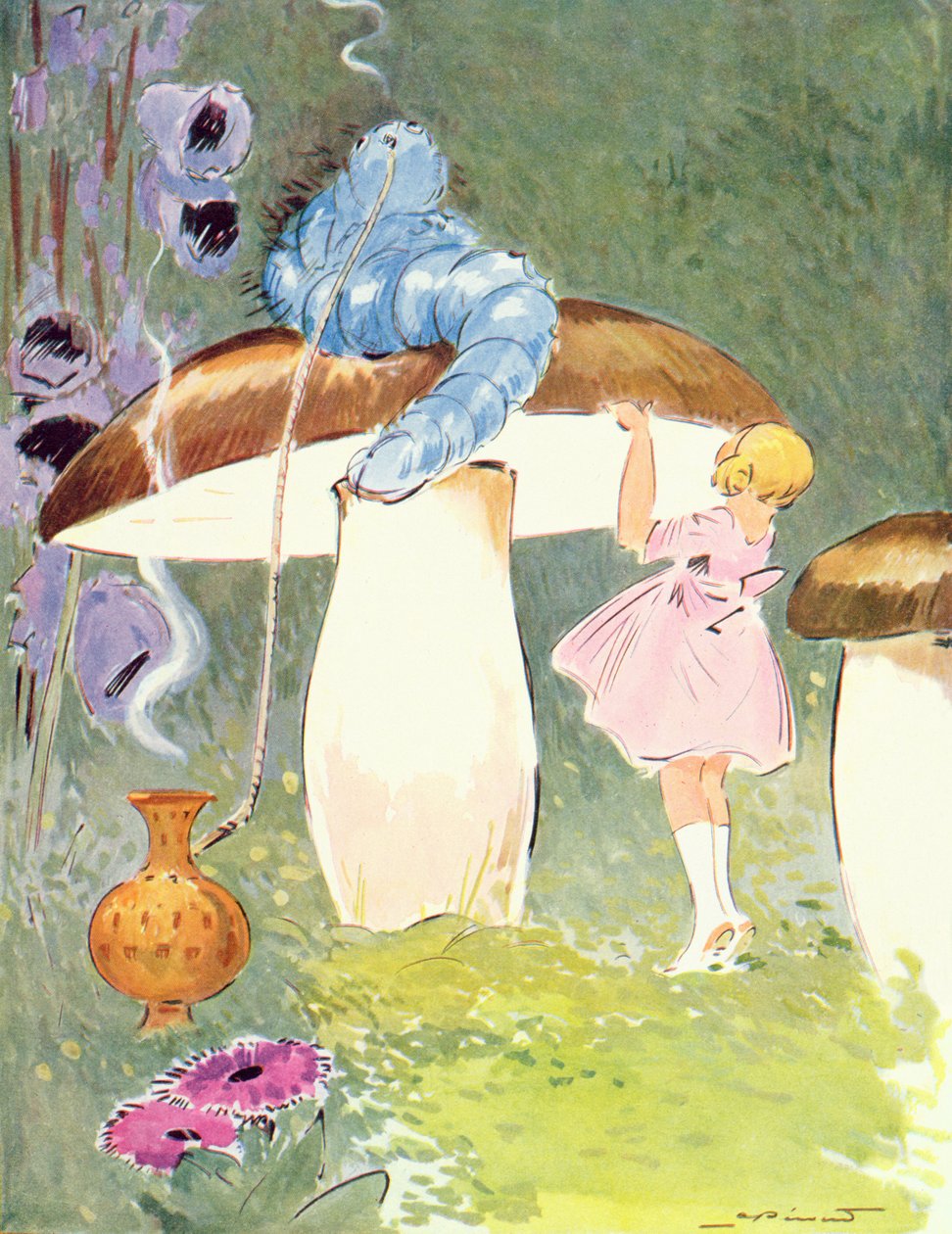 Liisa ja toukka, kuvitus "Liisa ihmemaassa", julkaisija Editions Delagrave, Paris. 1935 (väri litho) tekijältä Andre Pecoud