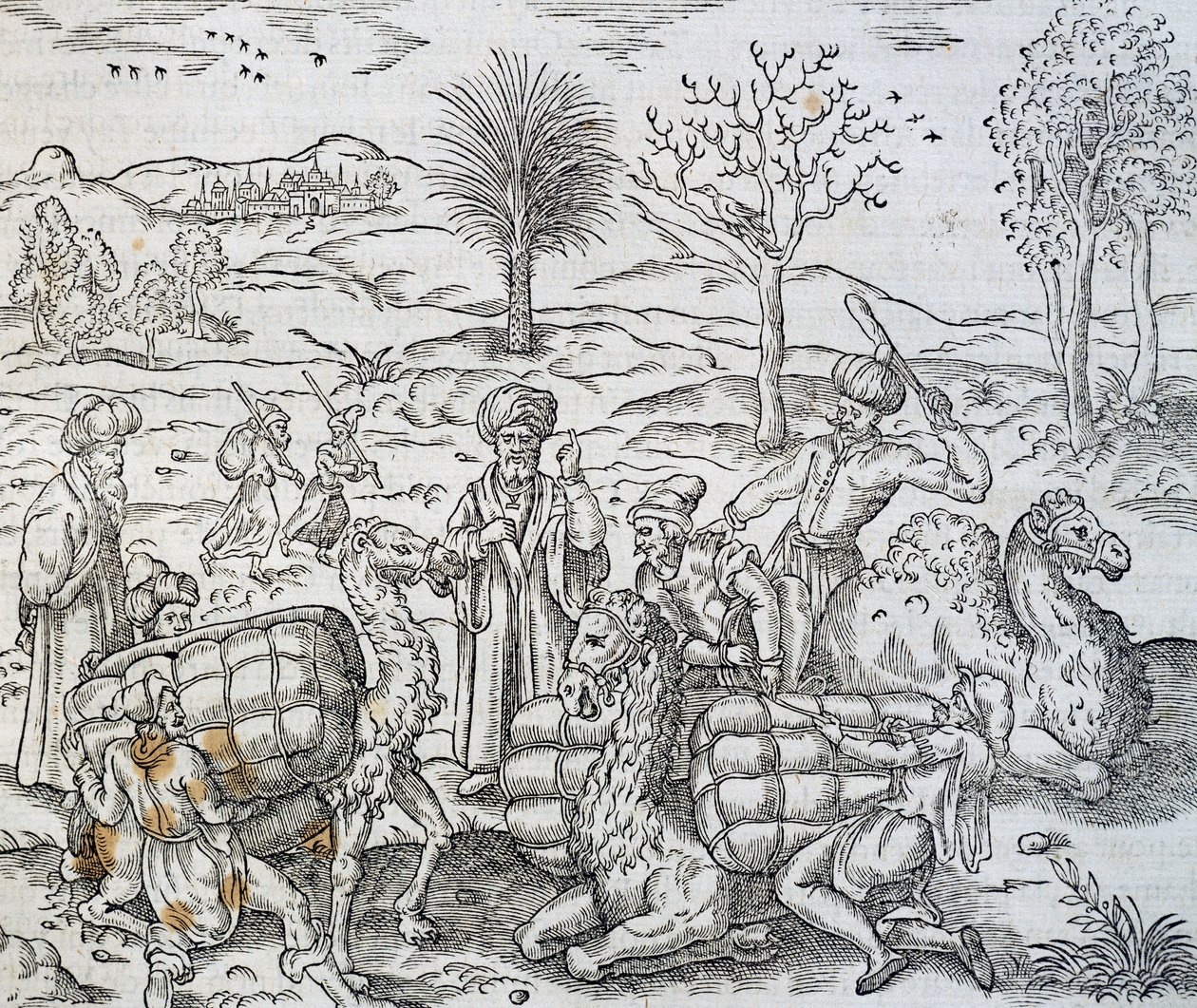 Arabikauppiaat Syyriassa, kaiverrus Universal Cosmologysta, Andre Thevet (1504-1592) tekijältä Andre Thevet
