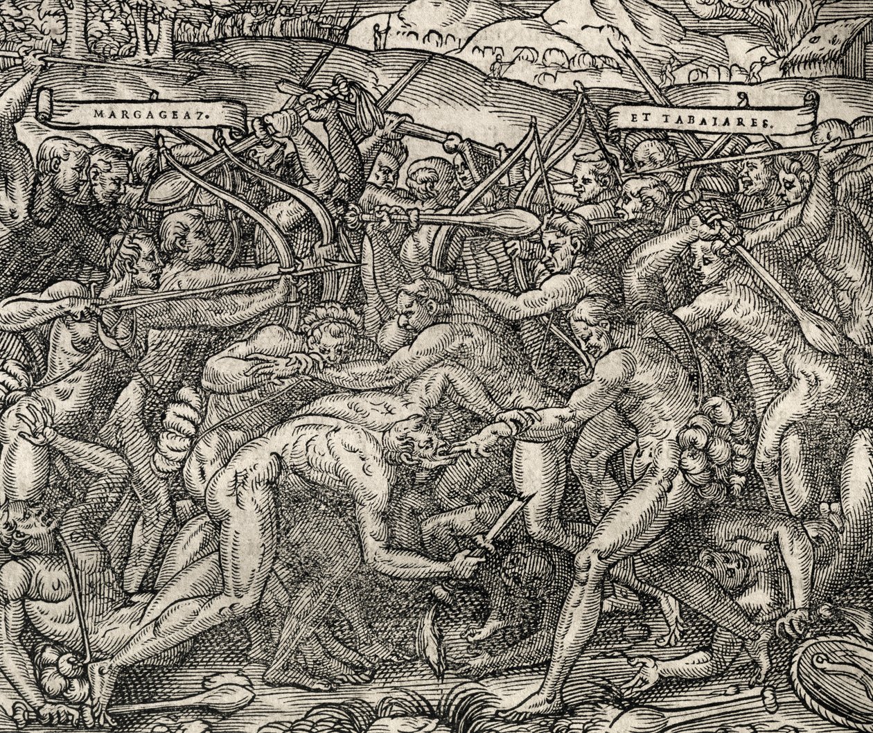 Taistelu Margageaz- ja Tabajares-heimojen välillä, kaiverrus Universal Cosmologysta, Andre Thevet (1504-1592) tekijältä Andre Thevet