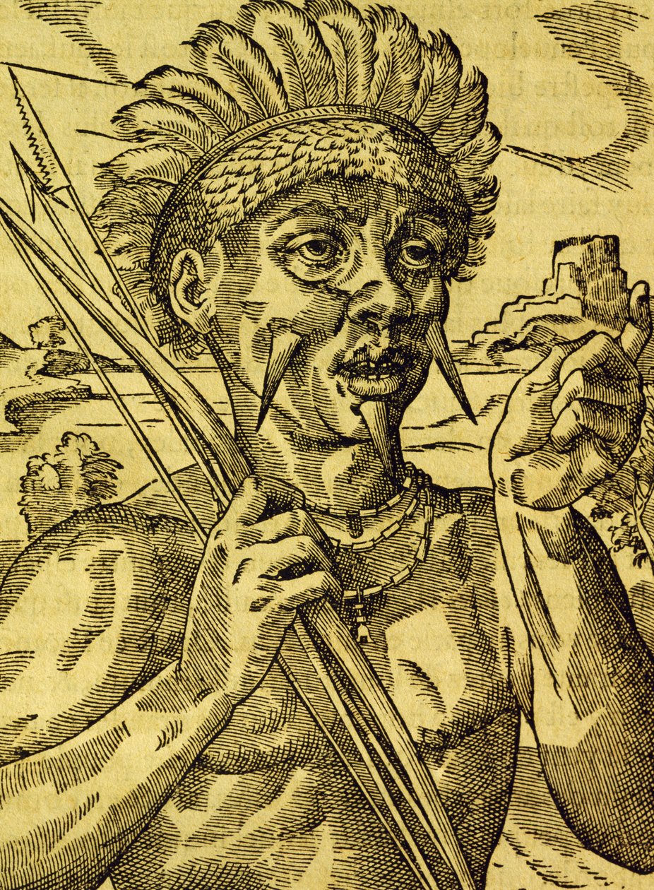 Kannibaaliheimon päällikkö, kaiverrus Universal Cosmologysta, Andre Thevet (1504-1592), Paris tekijältä Andre Thevet