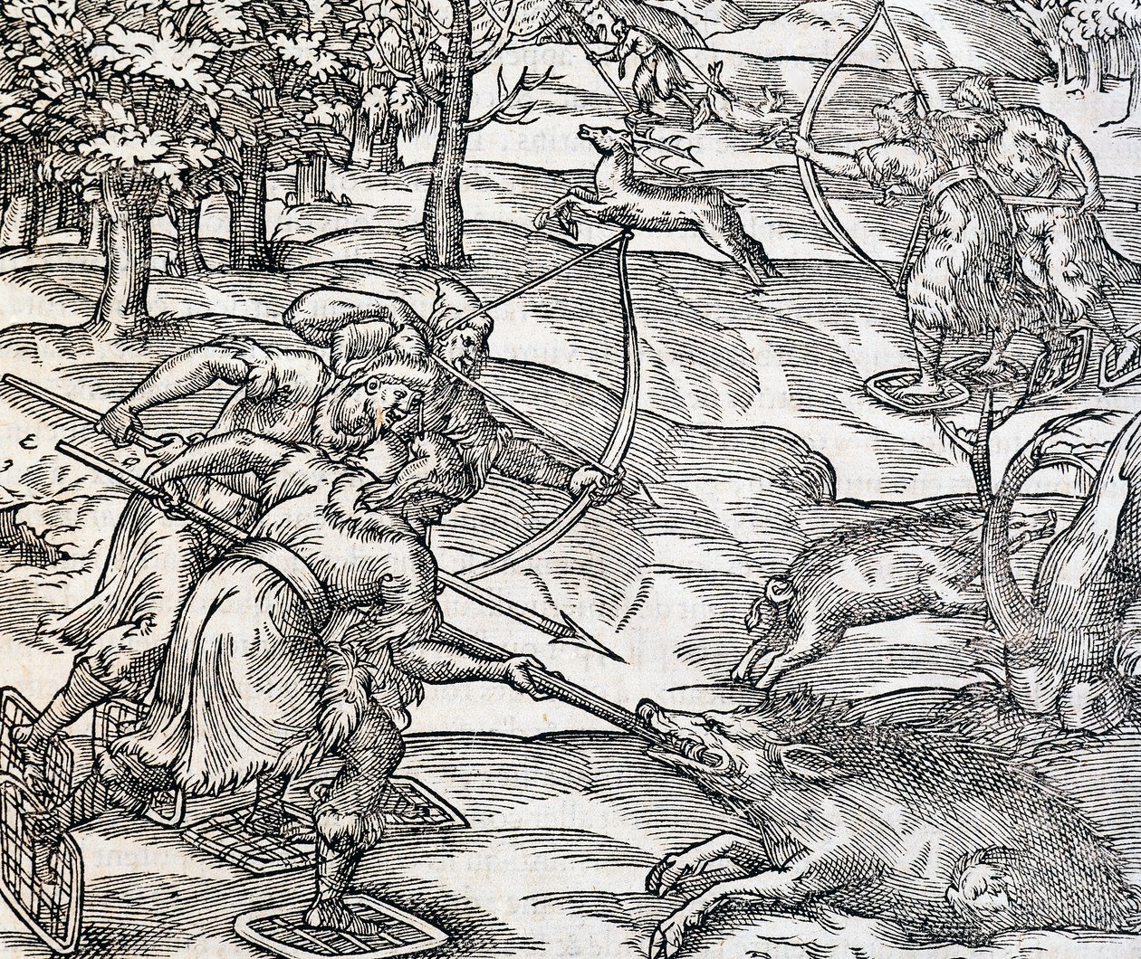 Intiaanien villisianmetsästys, kaiverrus Universal Cosmologysta, Andre Thevet (1504-1592), Pariisi tekijältä Andre Thevet