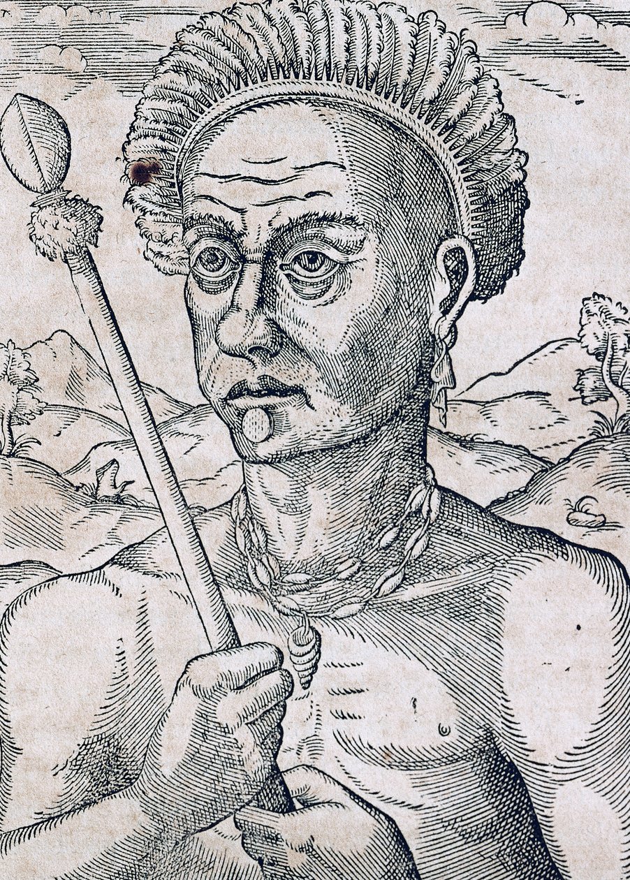 King Quoniambec, Brasilia, kaiverrus Universal Cosmologysta, Andre Thevet (1504-1592), Pariisi tekijältä Andre Thevet