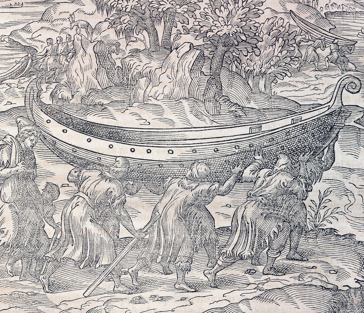 Lappilaiset kuljettamassa veneitään paikasta toiseen, kaiverrus Universal Cosmologysta, Andre Thevet (1504-1592), Pariisi tekijältä Andre Thevet