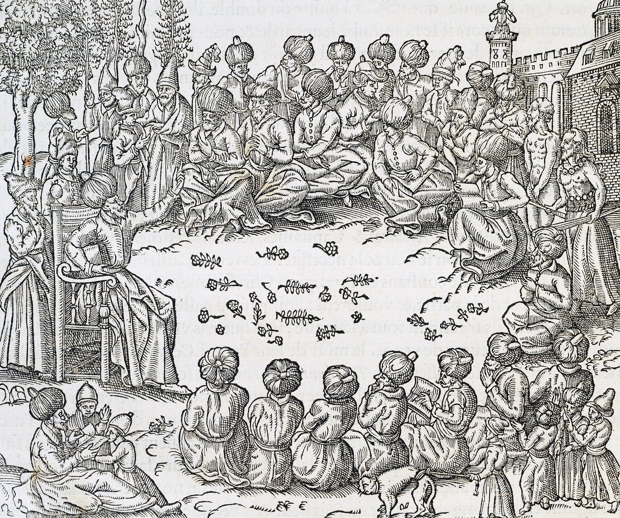 Turkkilaisten ja arabien tapaaminen, Marokko, kaiverrus Universal Cosmologysta, Andre Thevet (1504-1592), Pariisi tekijältä Andre Thevet