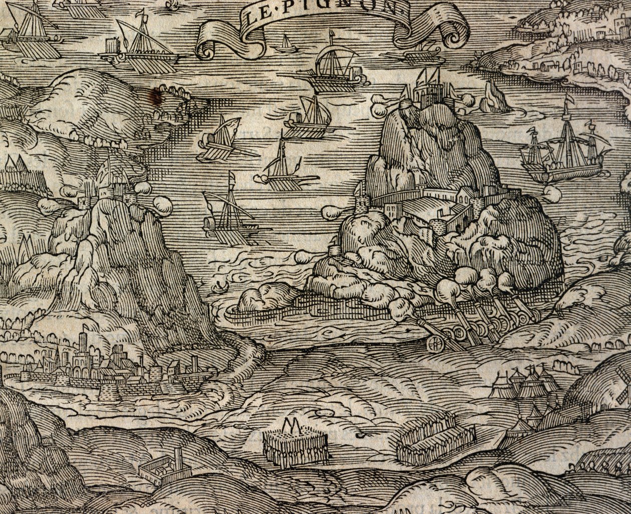 Meritaistelu lähellä Le Pignonin saarta, kaiverrus Cosmographie universellesta, Andre Thevet (1504-1592), Pariisi tekijältä Andre Thevet