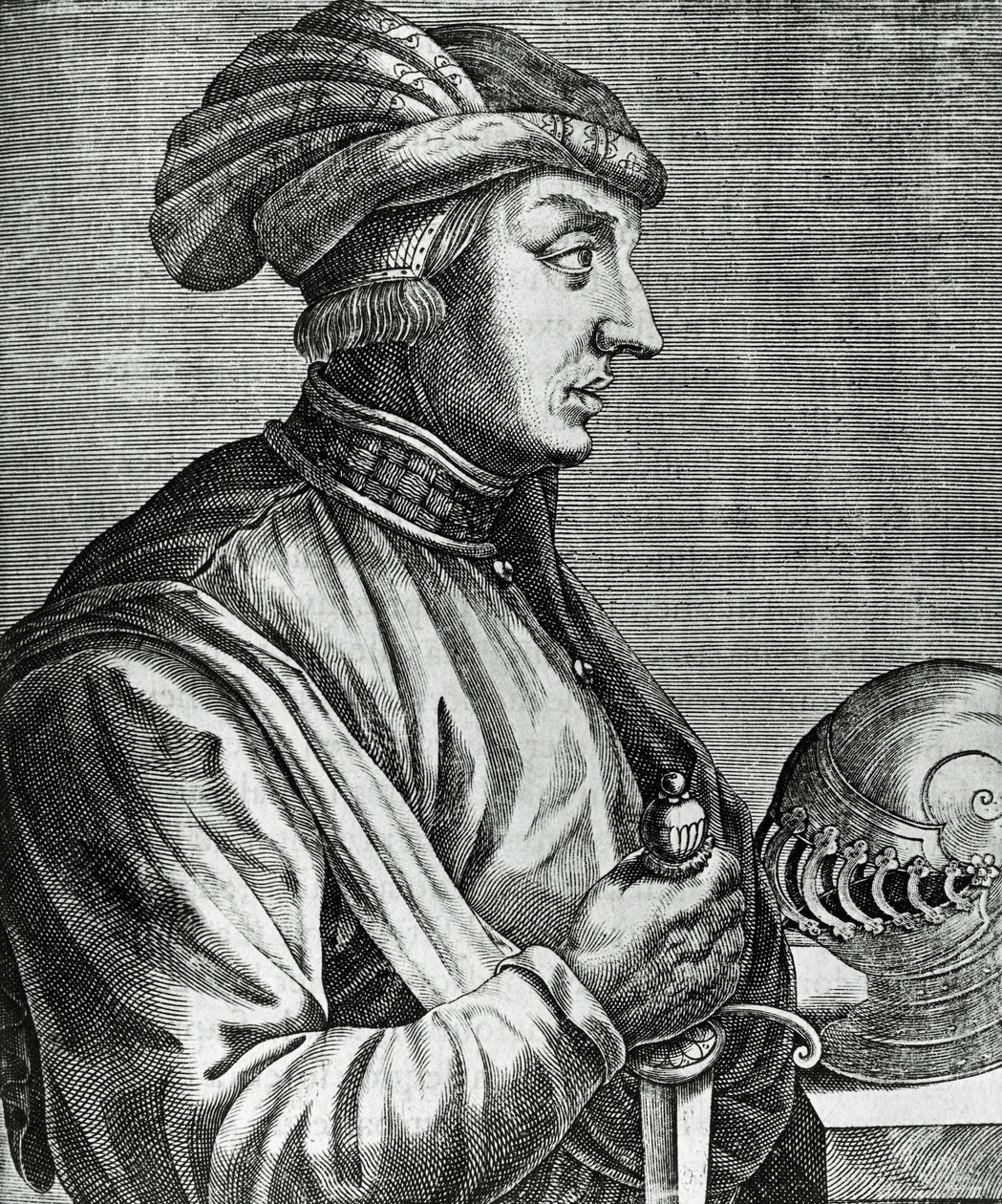 Luccan herran Castruccio Castracanin (noin 1281-1328) muotokuva, kaiverrus teoksesta The True Portraits and Lifes of Illustrious Men tekijältä Andre Thevet