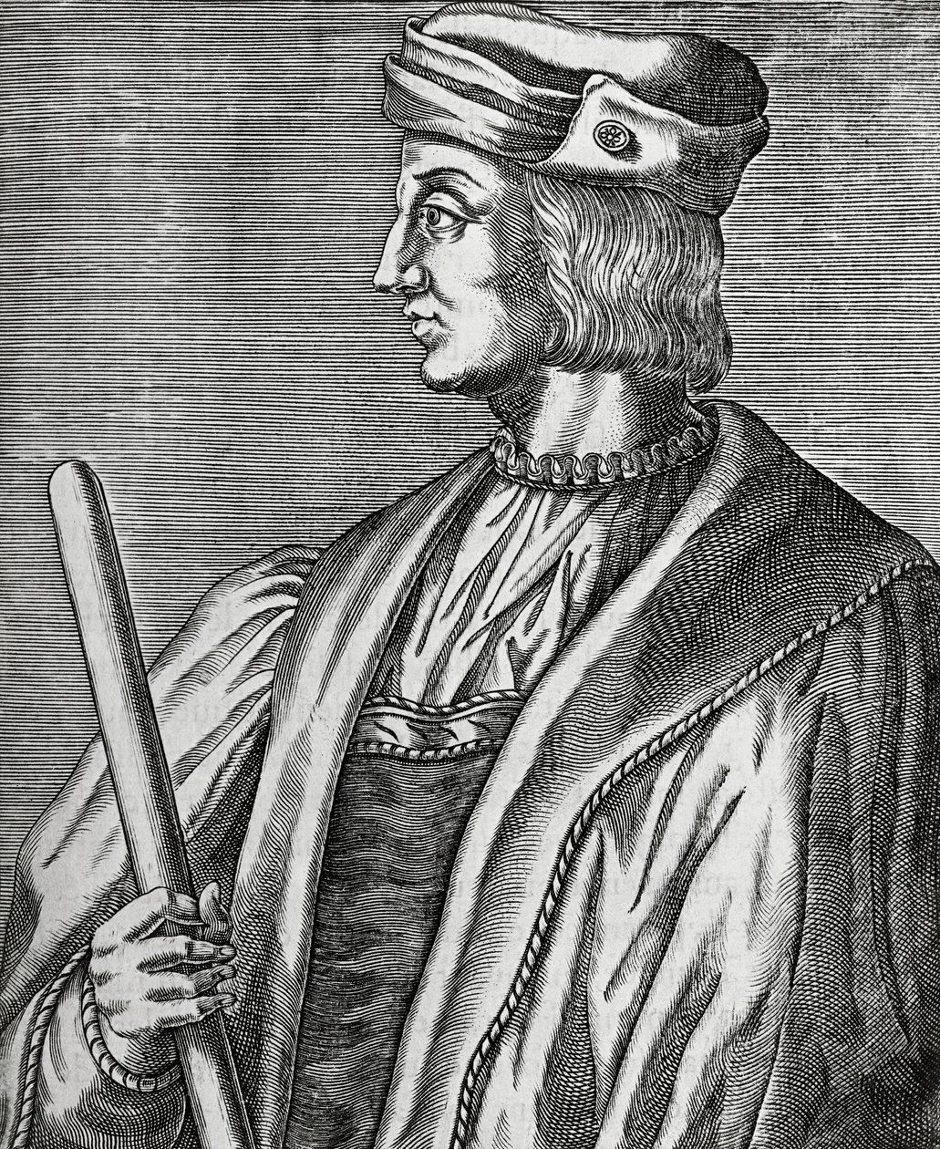 Gaston de Foixin, Nemoursin herttuan (1489-1516) muotokuva, kaiverrus teoksesta The True Portraits and Lifes of Illustrious Men tekijältä Andre Thevet