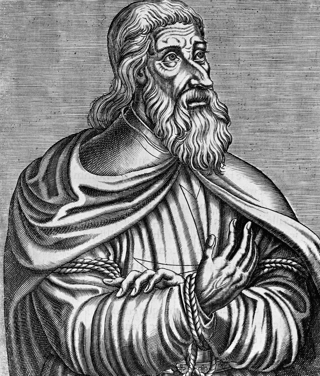 Temppeliritareiden ranskalaisen suurmestarin Jacques de Molayn (1243-1314) muotokuva, Andre Thevetin (1504-1592) kaiverrus, julkaistu 1584. tekijältä Andre Thevet