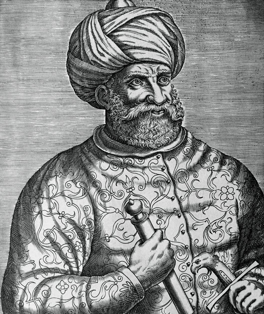 Muotokuva Khayr al-Dinistä, joka tunnetaan nimellä Barbarossa (1465-1546), turkkilainen korsaari ja amiraali, Andre Thevetin (1502-1590) kaiverrus tekijältä Andre Thevet