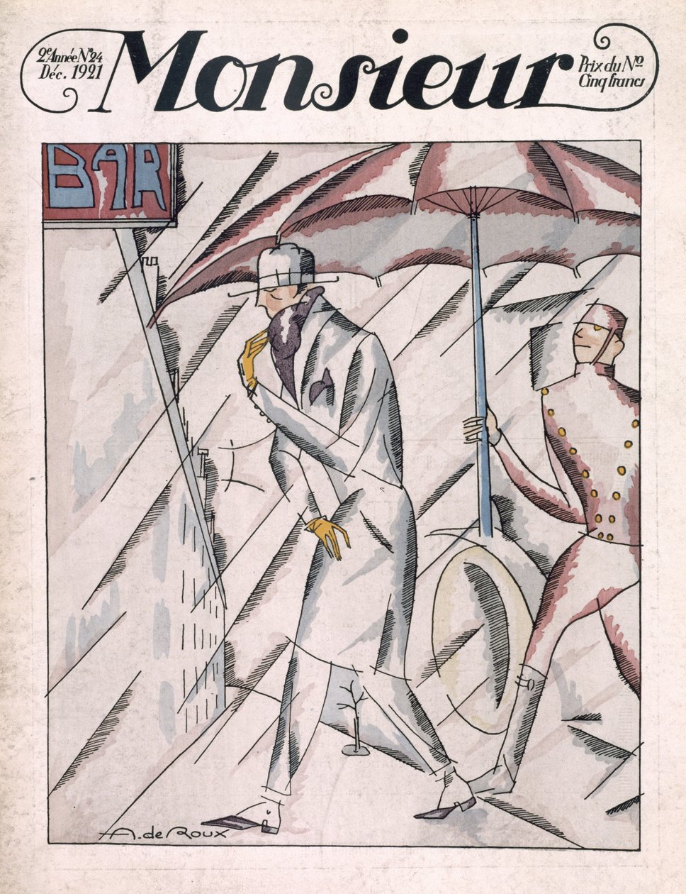 Mies sadetakissa, "Monsieur"-lehden etukansi, numero 24, pubi. Joulukuu 1921 (pochoor print) tekijältä Andre de Roux