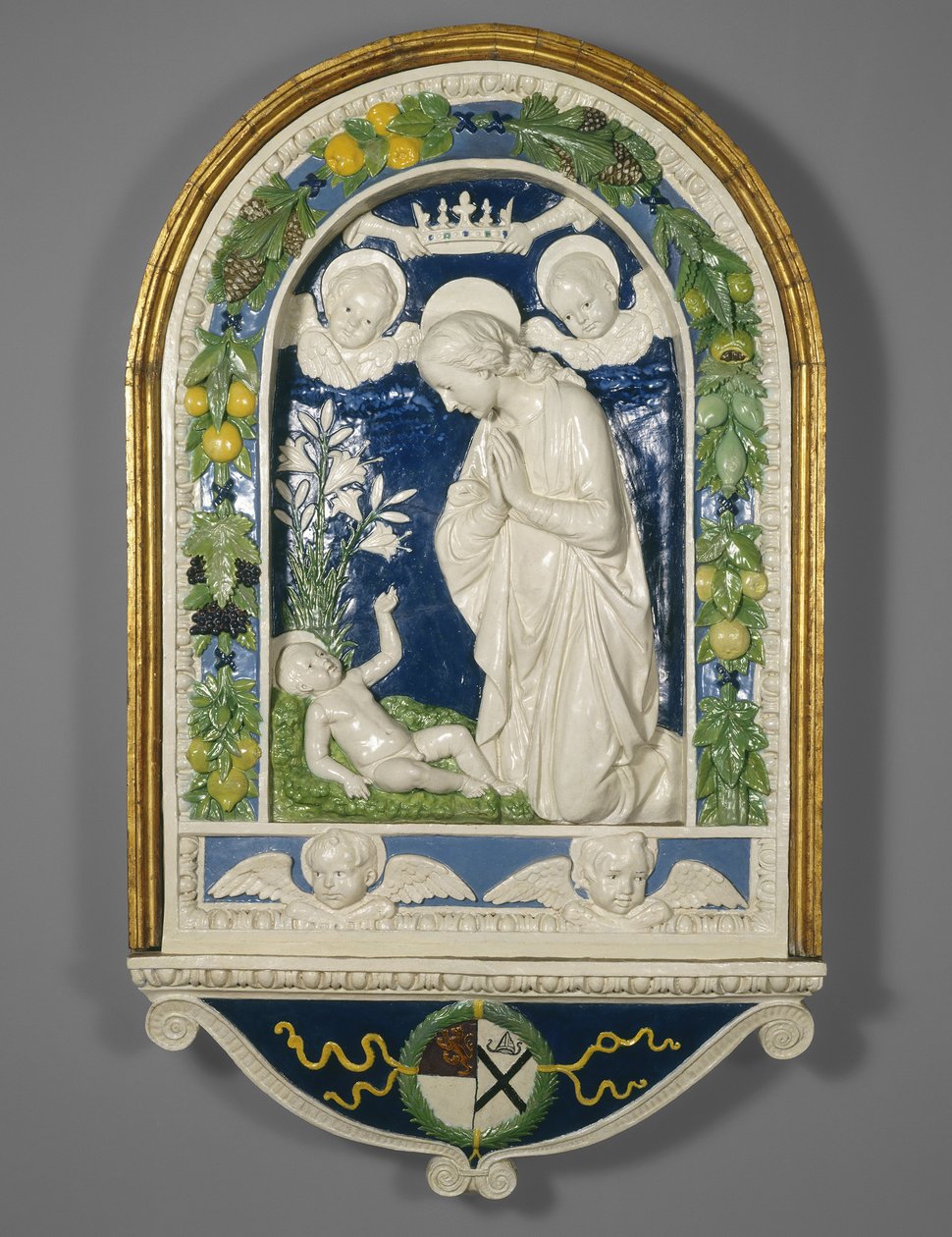 Lapsen palvonta, vuoden 1477 jälkeen (lasitettu terrakotta) tekijältä Andrea Della Robbia